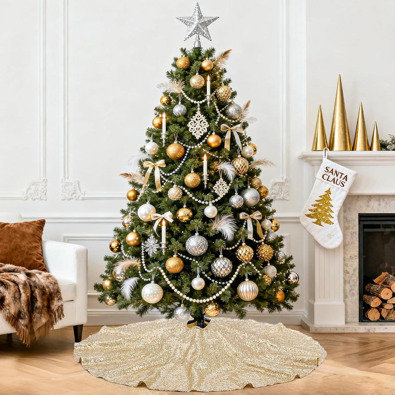 BCOOL Christmas Tree Skirt Champagne Gold Sequence Xmas Tree Skirts 48inch Round Sequin Tree Skirt Personalized Xmas Decor Home Decor Skirting - Image 3